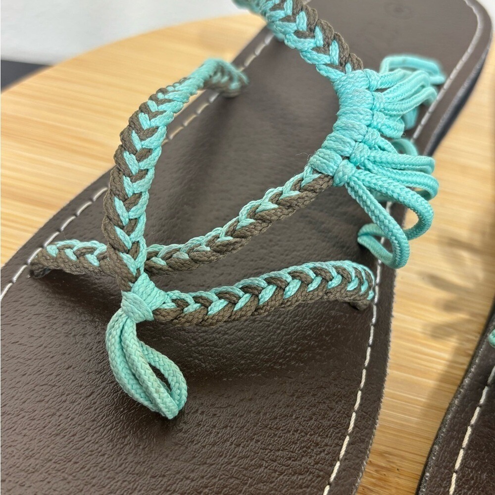 Plaka Oceanside Flat Sandals Size 8 Turquoise Brown Braided Rope Bohemian - Picture 7 of 8